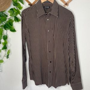 Express 1MX Large Button Down Brown and tan Striped Dress Shirt